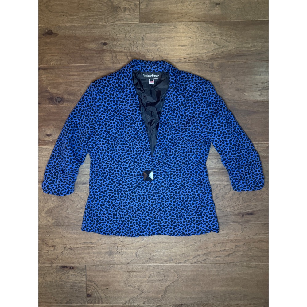 Vintage Painted Pony Blue Black Animal Print Blazer Single Button Made in USA L